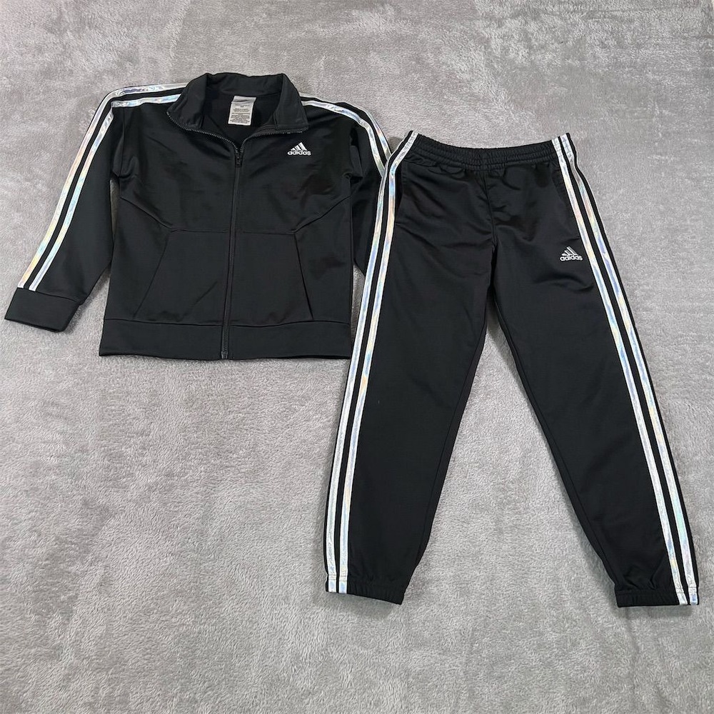 Adidas Kids' Black Tracksuit Size 6X Metallic Stripes Activewear Set